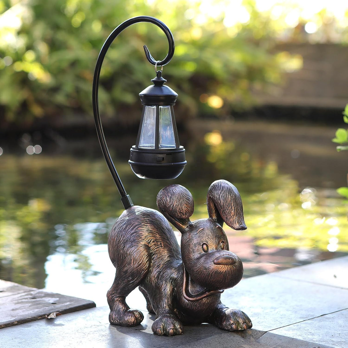 Laughing Dog Figurine with Solar-Powered LED Light 15.9 Inches Tall Antique Bronze, Perfect for
