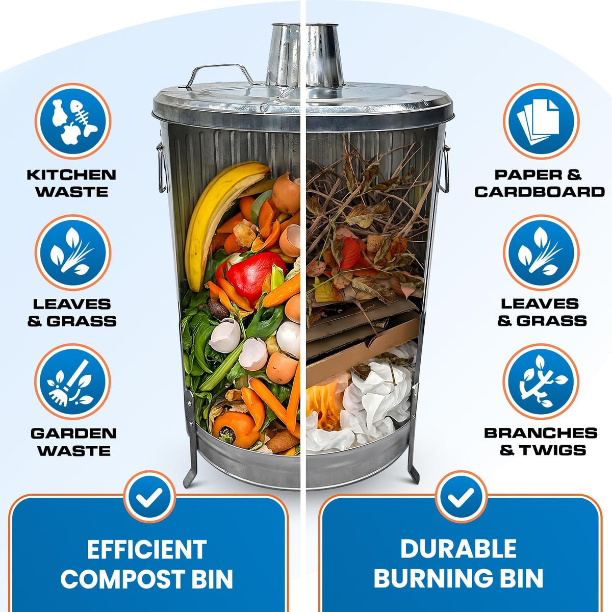 Plexon Metal Compost Bin Outdoor Burn Bin - Galvanized Trash Can with Lid Chimney and Vent Holes