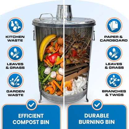 Plexon Metal Compost Bin Outdoor Burn Bin - Galvanized Trash Can with Lid Chimney and Vent Holes
