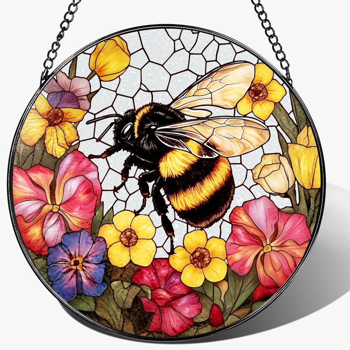Stained Glass Window Hanging, 8 Inch Bee Stained Glass Ornament, Suncatchers for Windows Hanging