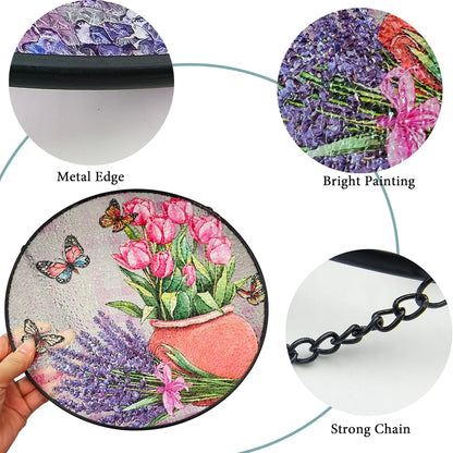 Stained Glass Window Hanging, 9.8'' Tulip Lavender Butterfly Sun Catcher Glass Panel for Window