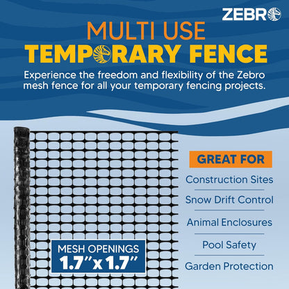 ZEBRO 4' x 50' Black Plastic Garden Fence Roll – Standard Duty Safety Netting for Snow, Poultry