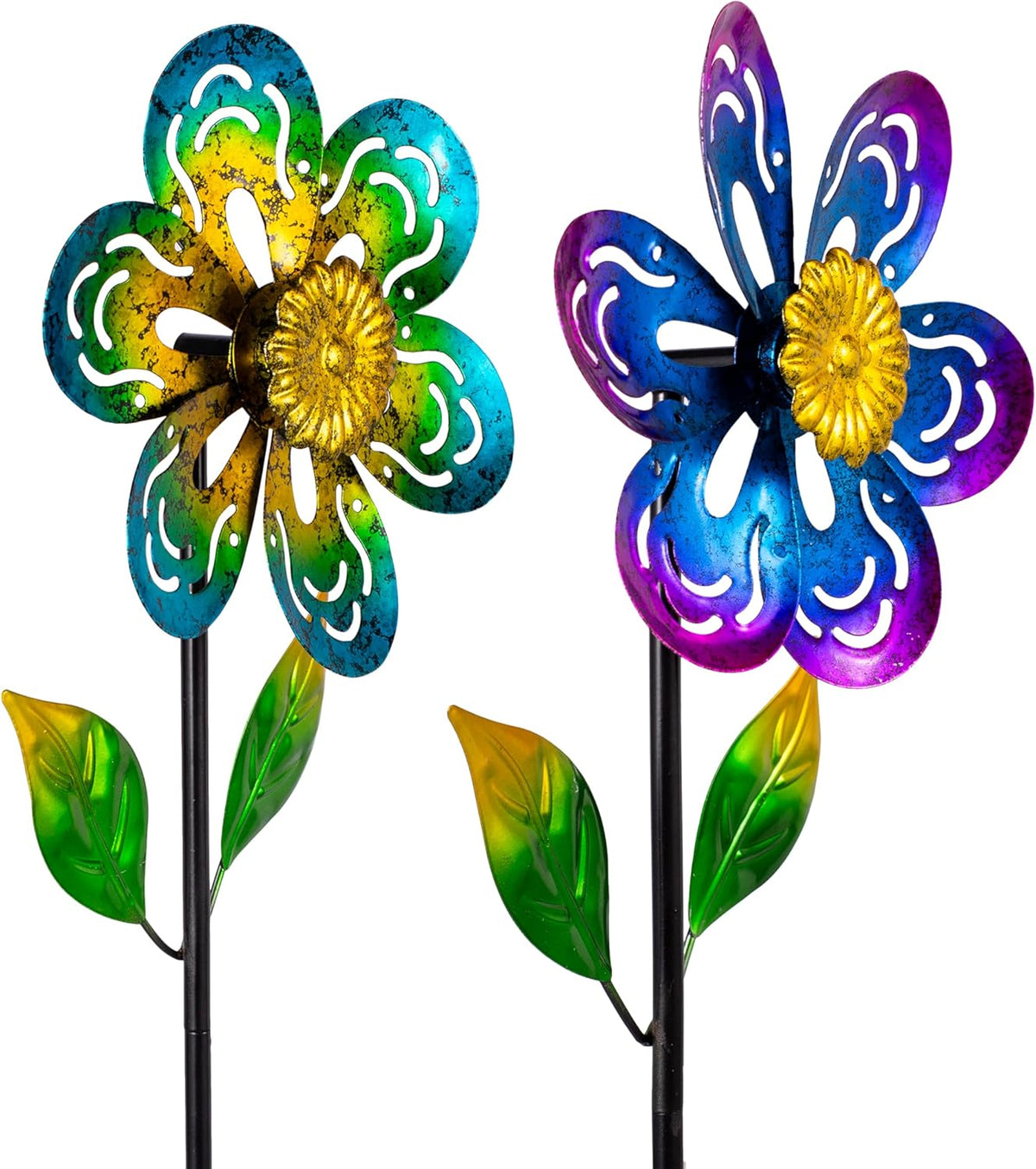 Viveta 2 Pack Wind Spinners,Flower Garden Sculpture, Metal Windmill, Green and Purple Pinwheels for