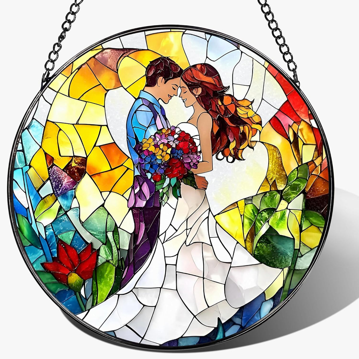 8'' Romantic Couple Wedding Sun Catcher Ornament, Stained Glass Window Hanging, Suncatchers for
