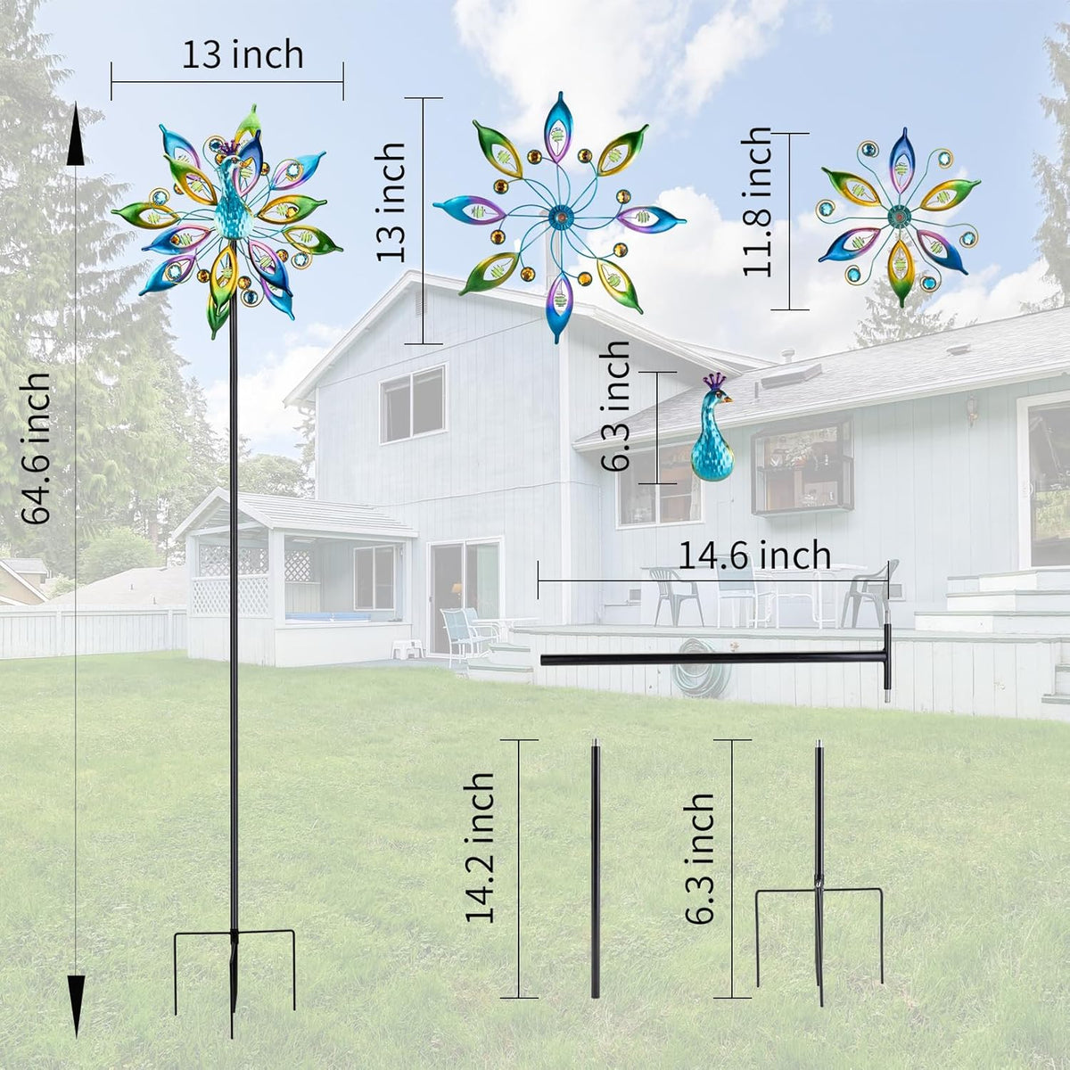 DREAMYSOUL Outdoor Peacock Wind Spinners with Gem Decor, 13" D*65" H Double Sided Kinetic Wind