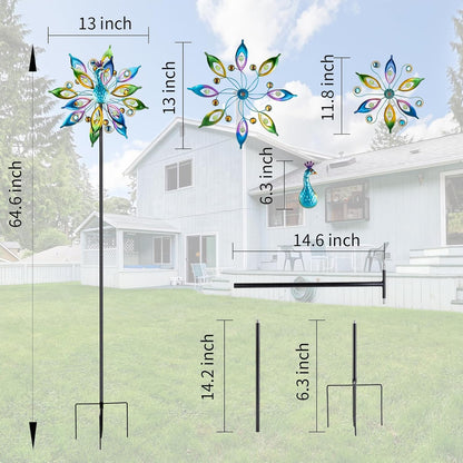 DREAMYSOUL Outdoor Peacock Wind Spinners with Gem Decor, 13" D*65" H Double Sided Kinetic Wind