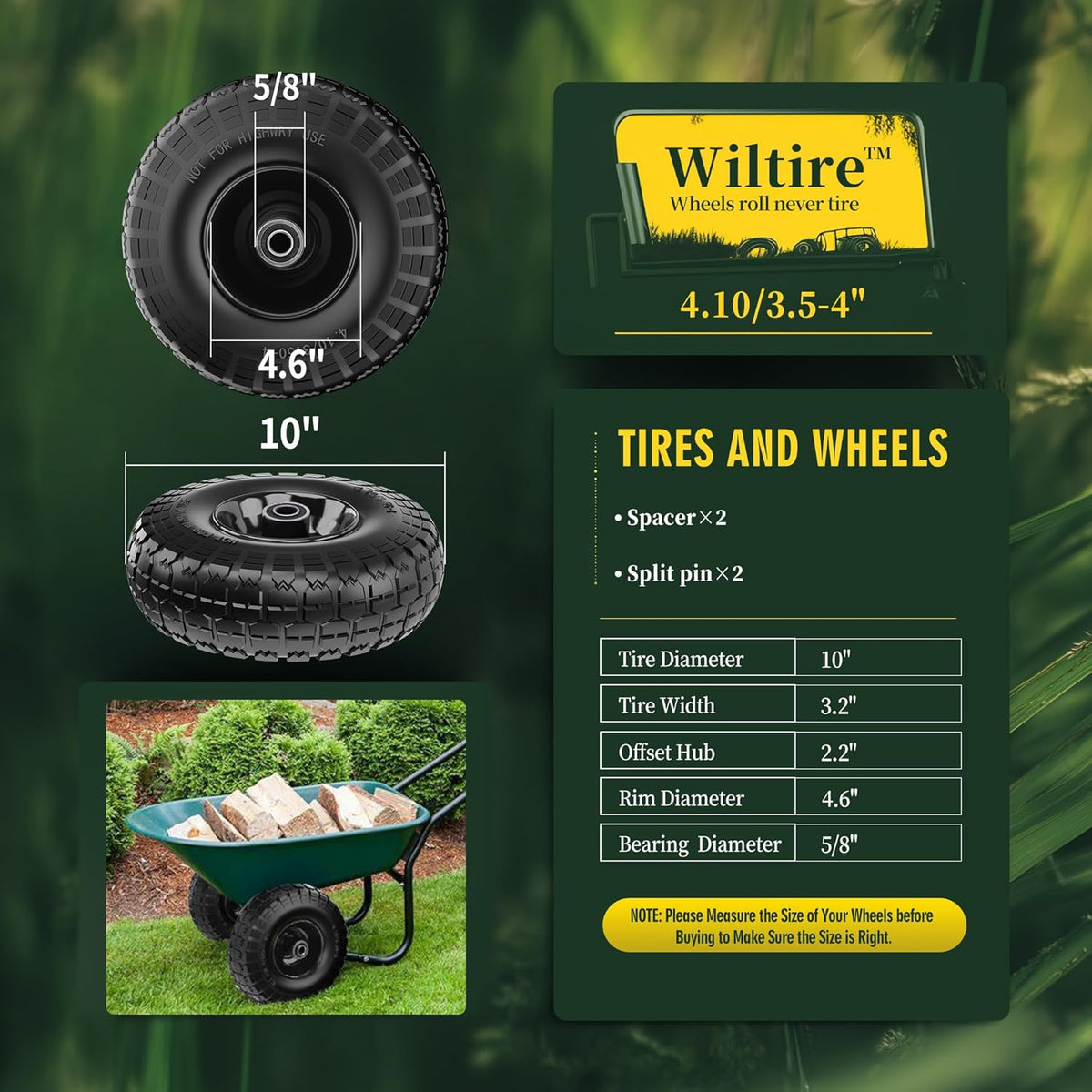 (2 Pack) 4.10/3.50-4 Flat Free Tire and Wheel 10-Inch Solid Wheel Replacement with 5/8
