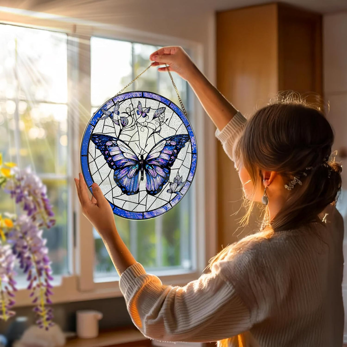 Stained Glass Window Hanging, 8 Inch Purple Butterfly Stained Glass Suncatcher, Butterfly Light