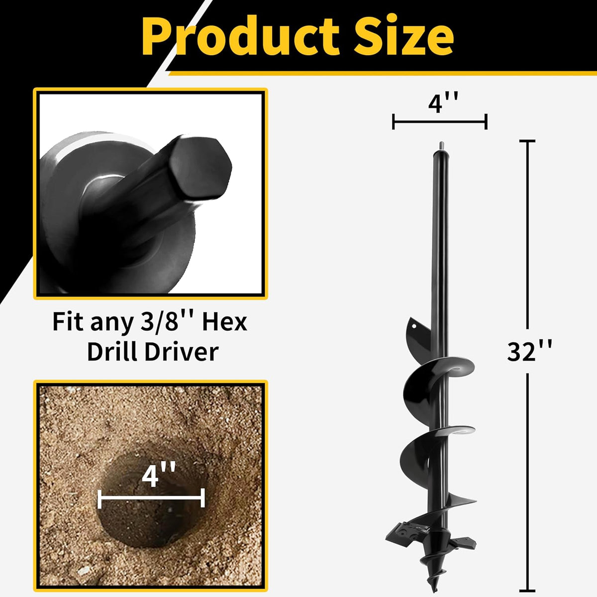 4"x32"Auger Drill Bit for Planting,Heavy-Duty Garden Auger Spiral Drill Bit with Dual Sharp