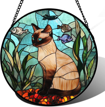Stained Glass Window Hanging Cat Fish Plants Large 15" - Suncatcher Door Garden Sunroom Sun Catcher