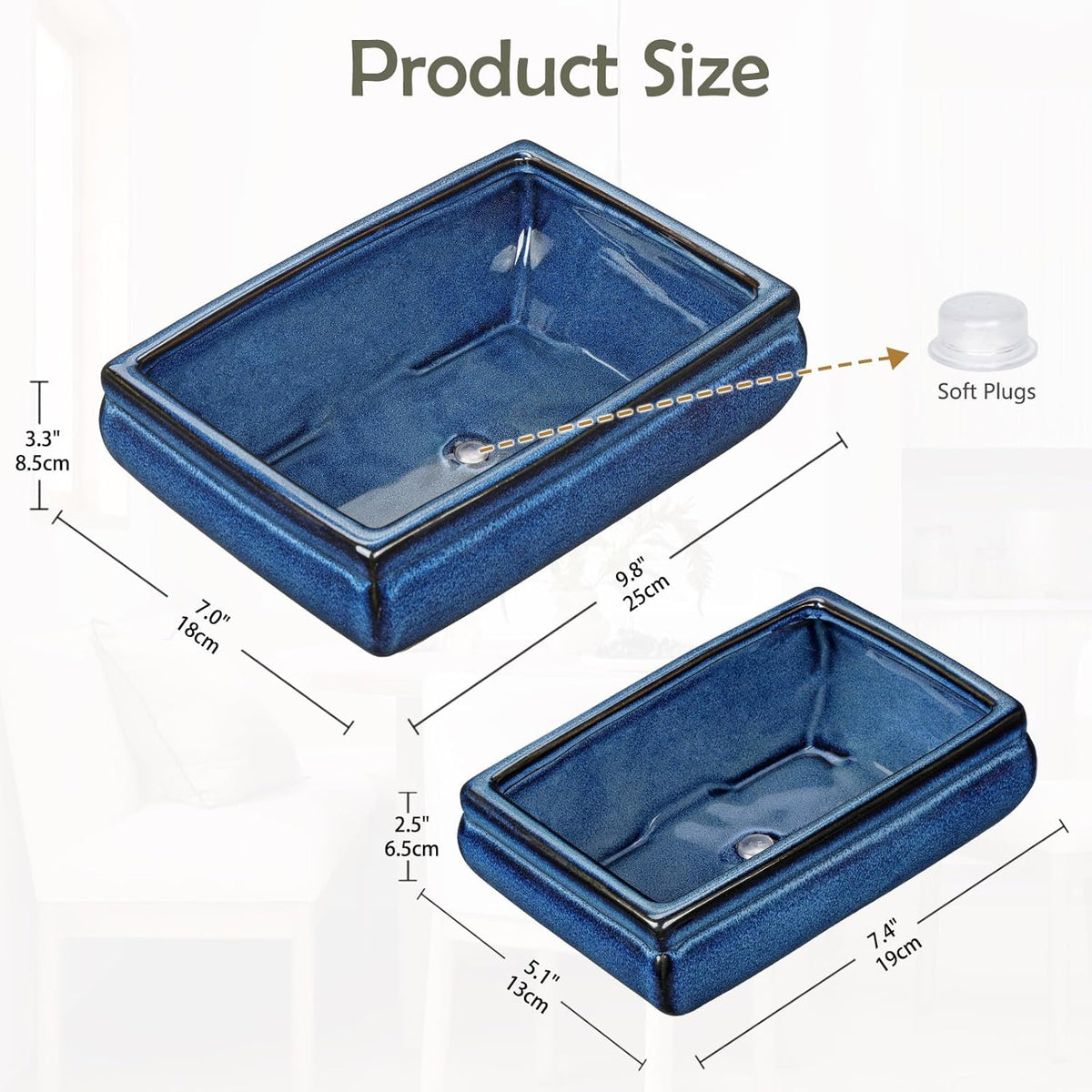 Set of 2 Blue Glazed Ceramic Bonsai Pots, 9.8" & 7.4" Rectangular Bonsai Pots Planters with