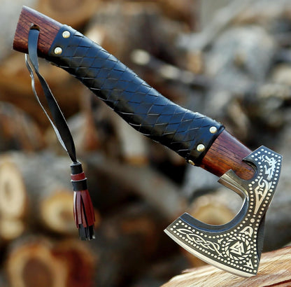 SHINY CRAFTS®- Engraved Viking Axe – Gift for Outdoorsman Hand-Forged Hatchet with Leather Wrap