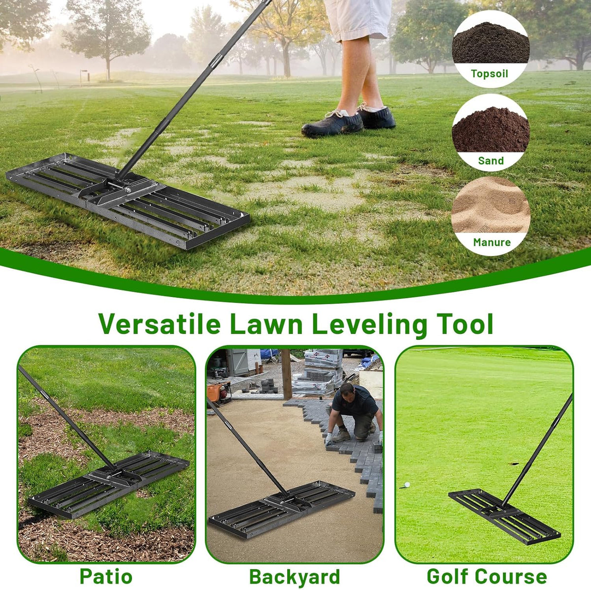 Lawn Leveling Rake 34"x9.5",Lawn Leveling Tool with 68" Long Adjustable Stainless Steel Handle for