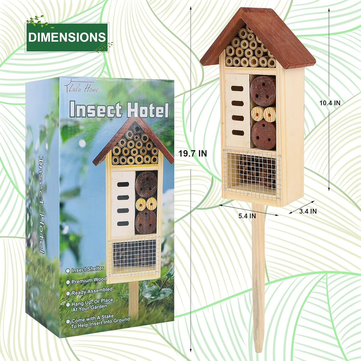 Lulu Home Wooden Insect House with Stake, Hanging & Inserting Two Mount Ways Insect Hotel for Bee