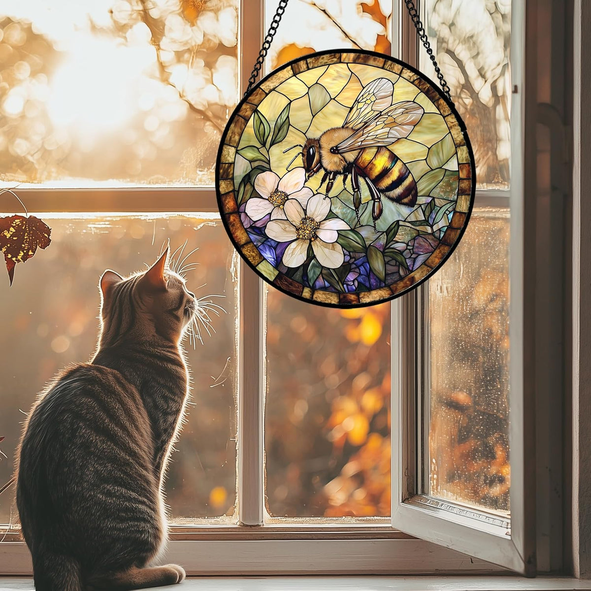 Stained Glass Window Hanging, Vintage Bee Yellow Flower Sun Catcher for Window Door Home Decor