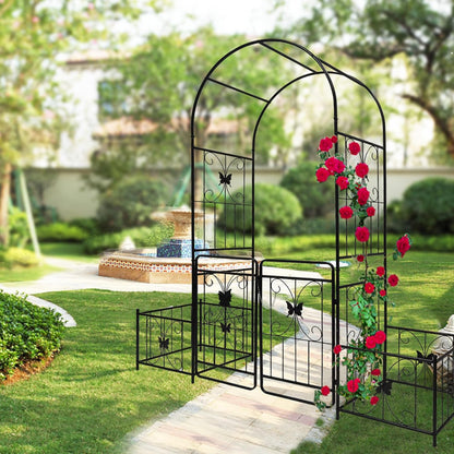 Metal Garden Arch with Gate and 2 Plant Stands, Garden Arch Trellis for Climbing Plants Outdoor