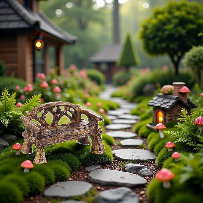 Brown Fairy Garden Furniture Ornaments Miniature Resin Chair Bench Doll House Decor Home Garden