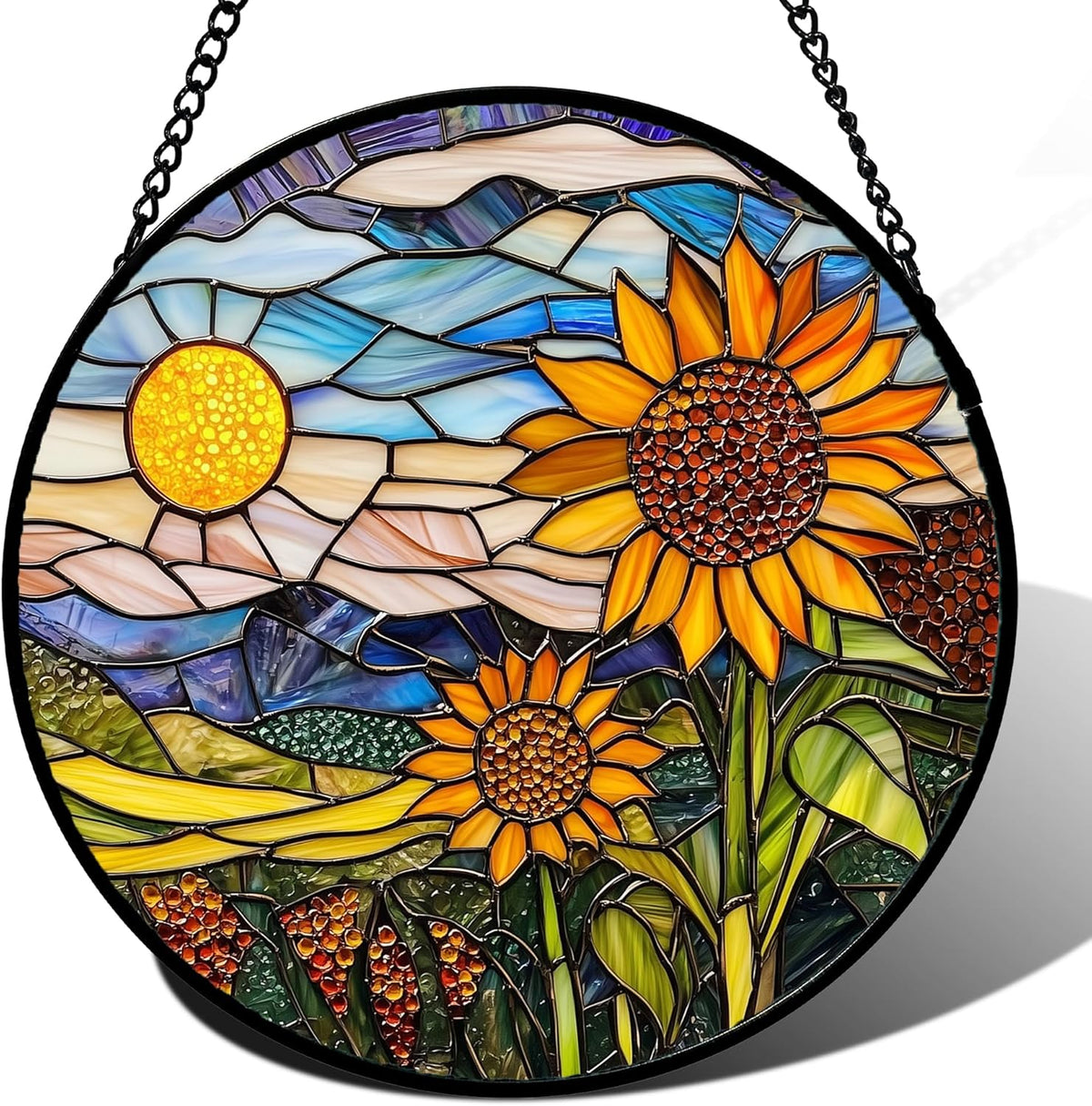 Stained Glass Suncatcher, Sunflower Flowers Landscape Sun Catcher Plant Mountains Stain Glass