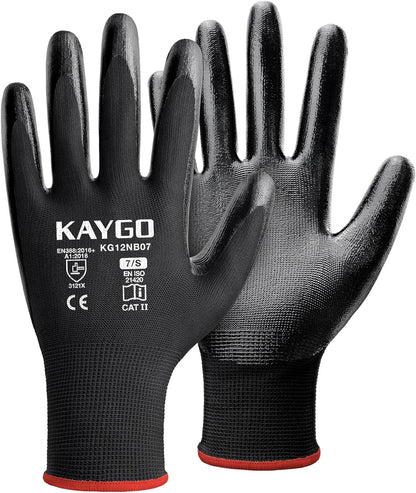 KAYGO Work Gloves Nitrile Coated, 12 Pairs KG12N, Seamless Knit, Protective Safety Work Gloves with