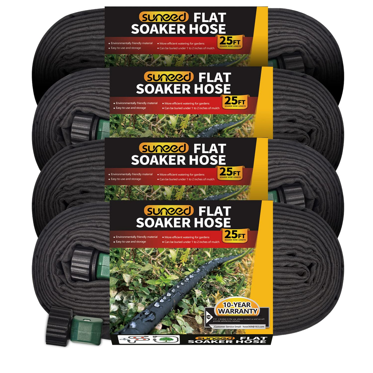 Suneed 4 Pack Flat Soaker Hose 25FT for Garden Beds, Lightweight Drip Soaker Hose 100 ft for