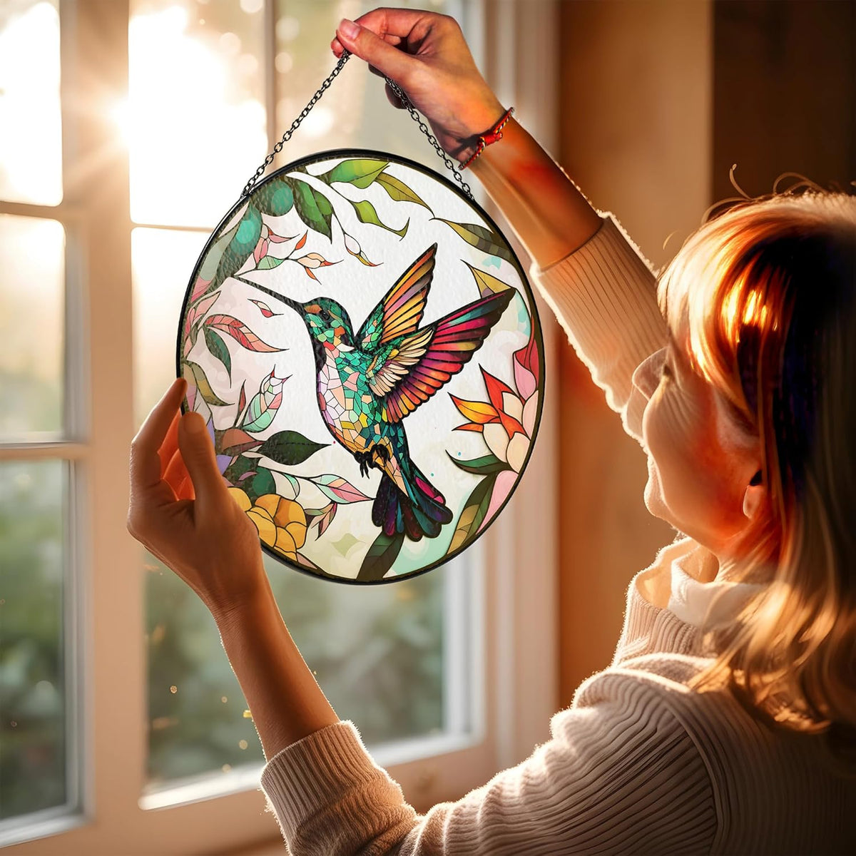 6" Hummingbird Stained Glass Suncatcher, Bird Handcrafted Suncatcher Window Hanging, Nature Floral