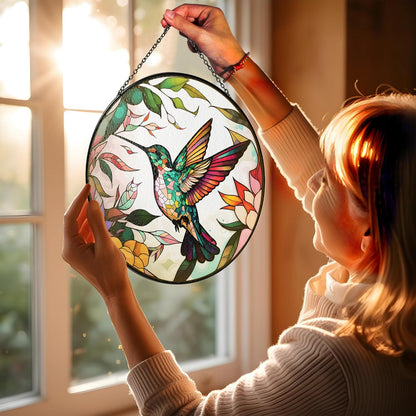 6" Hummingbird Stained Glass Suncatcher, Bird Handcrafted Suncatcher Window Hanging, Nature Floral