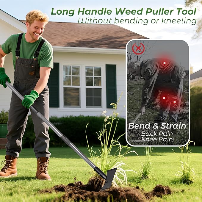 Walensee Weed Puller Tool with Long Handle, 64inch Manual Weeder Remover Tool, 7-Tines Weed Rake
