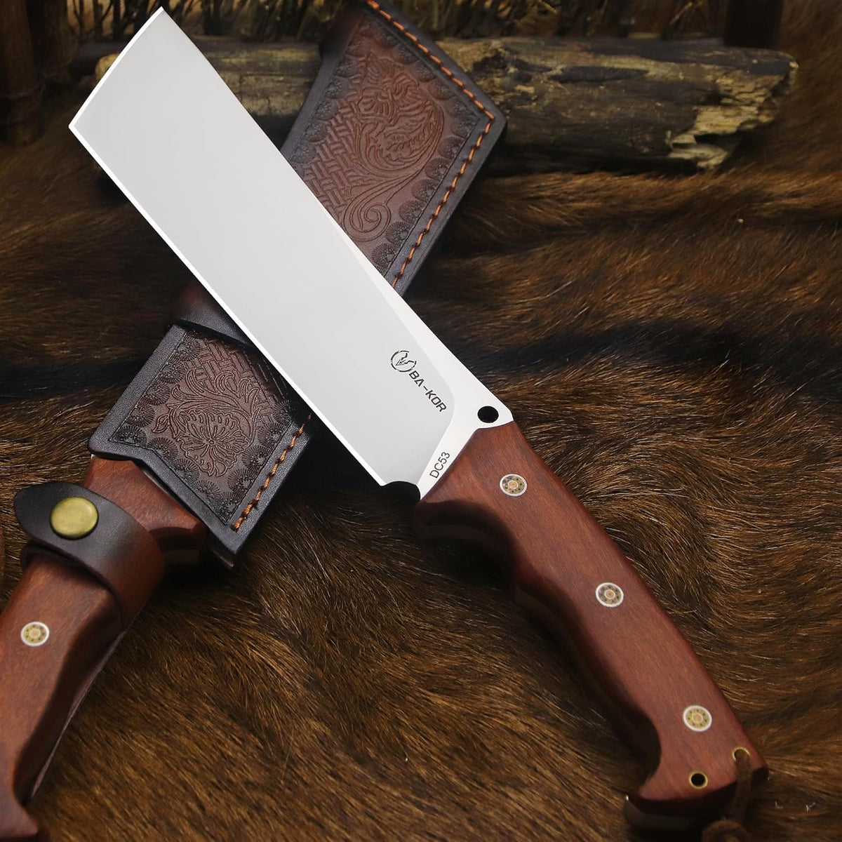 BA-KOR 14-inch full Tang 8mm thick DC53 steel-wood handle brass rivet reinforced one-piece knife +