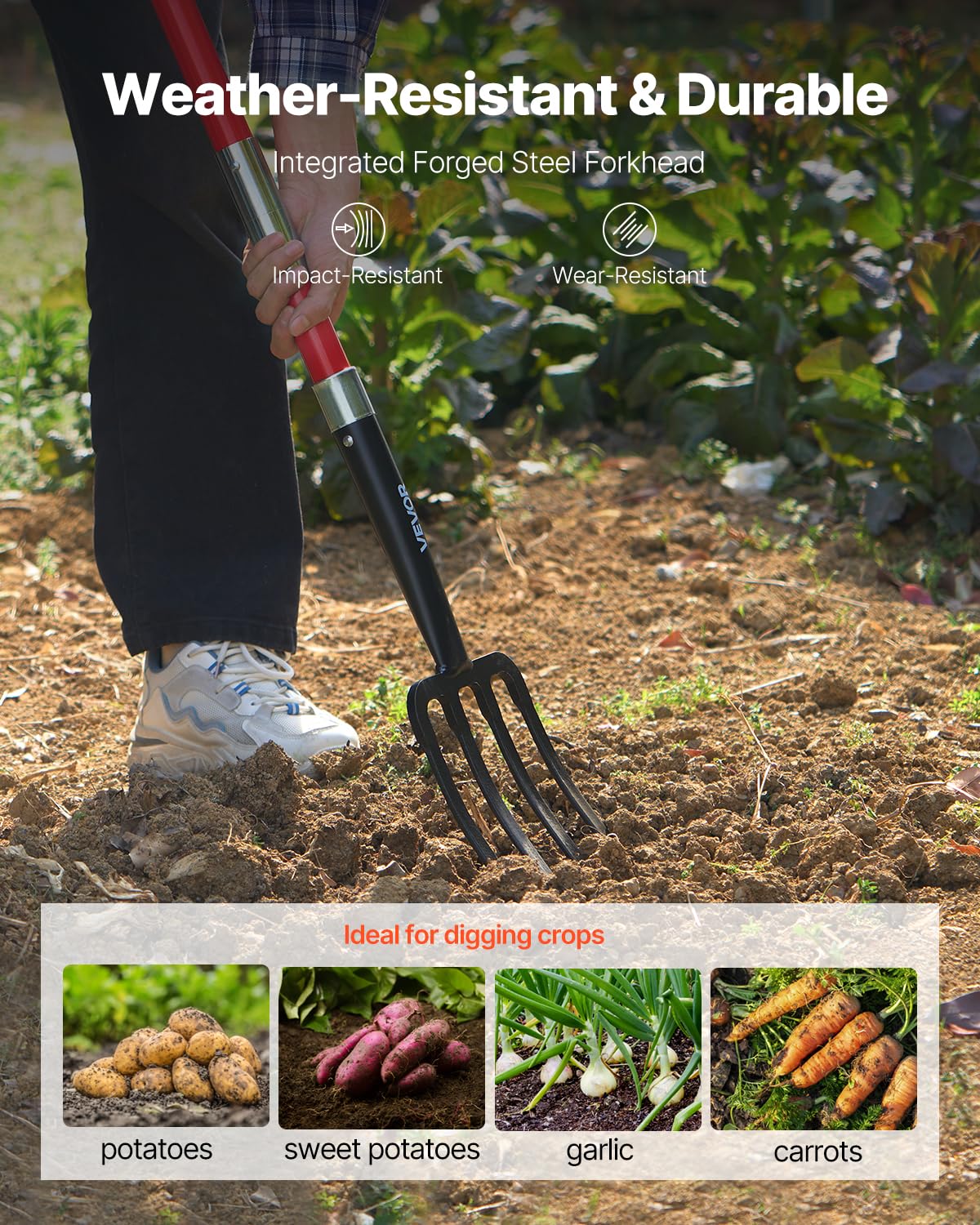VEVOR Garden Fork, 4-Tine Gardening Pitchfork with Fiberglass Handle, 45 in Heavy Duty Digging Fork