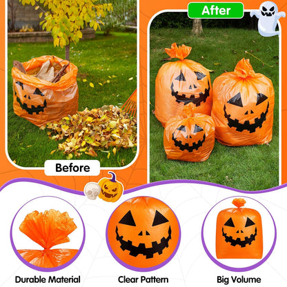 Qilery 24 Pcs Halloween Leaf Lawn Bags Plastic Pumpkin Trash Bags for Leaves with Twist Ties for