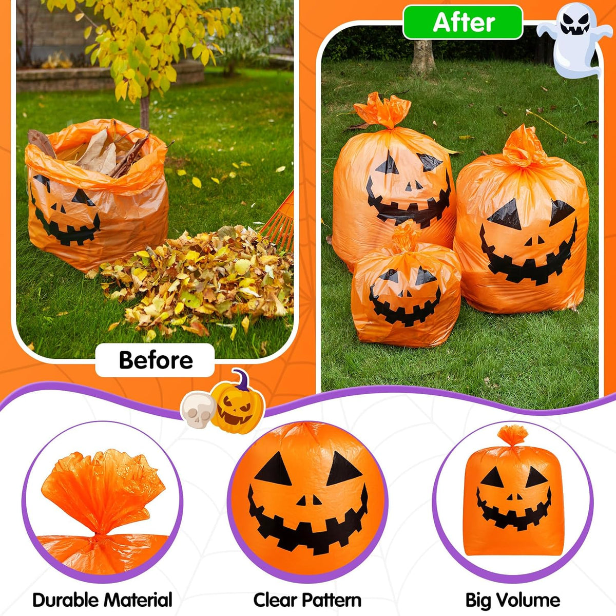 Qilery 6 Pcs Halloween Leaf Lawn Bags Plastic Pumpkin Trash Bags for Leaves with Twist Ties for