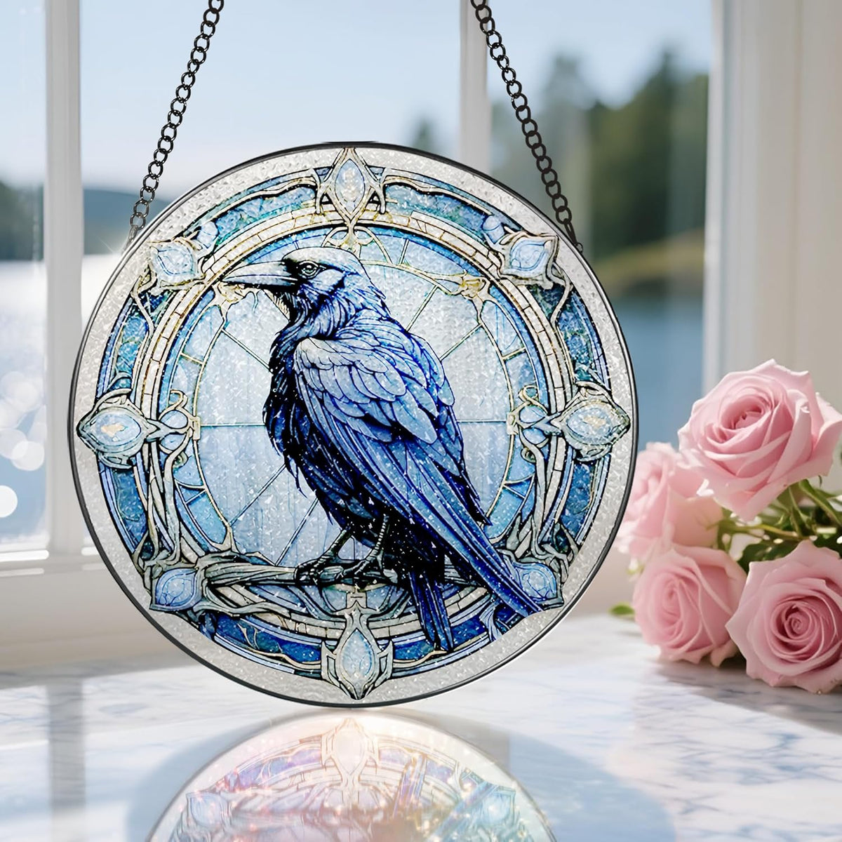 8 Inch Stained Glass Suncatcher Ornament, DOUHASU Crow Sun Catchers Indoor Window, Stained Glass