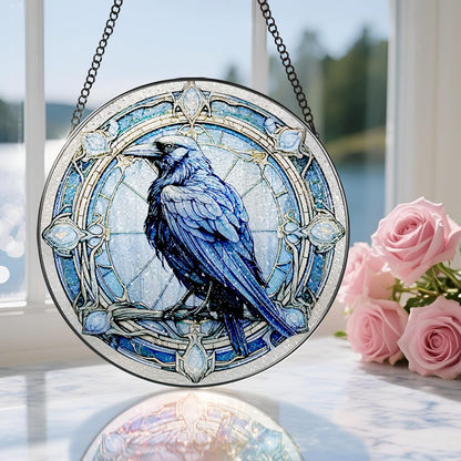 8 Inch Stained Glass Suncatcher Ornament, DOUHASU Crow Sun Catchers Indoor Window, Stained Glass