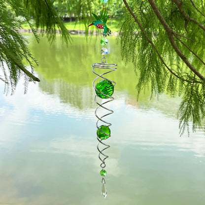 FONMY Hummingbird Gazing Ball Spiral Wind Spinner Sun Catcher Rainbow Maker Silver Spiral W/ K9
