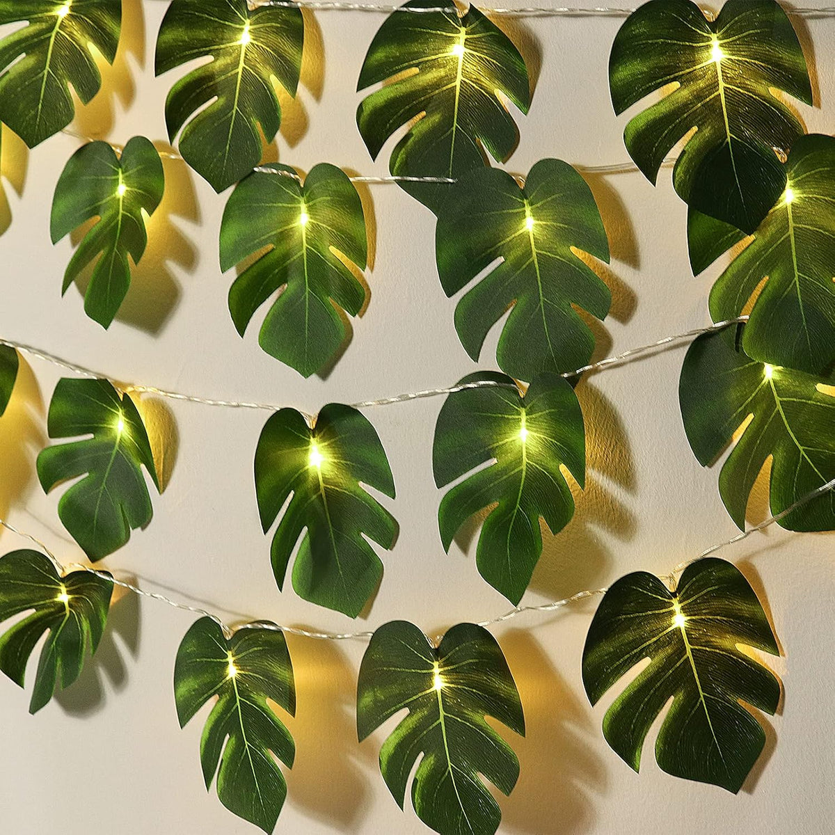 RECUTMS Monstera Leaf String Lights 2 Pack, 20LED Tropical Artificial Rattan Palm Green Leaves Wall