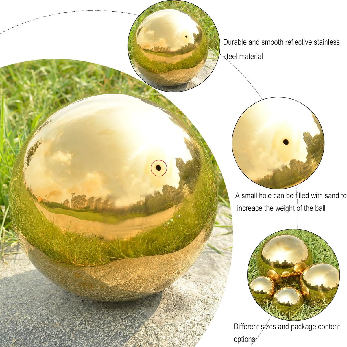 Nerien Gazing Ball, Stainless Steel Garden Mirror Globe, Polished Ornament Sphere, Hollow Floating