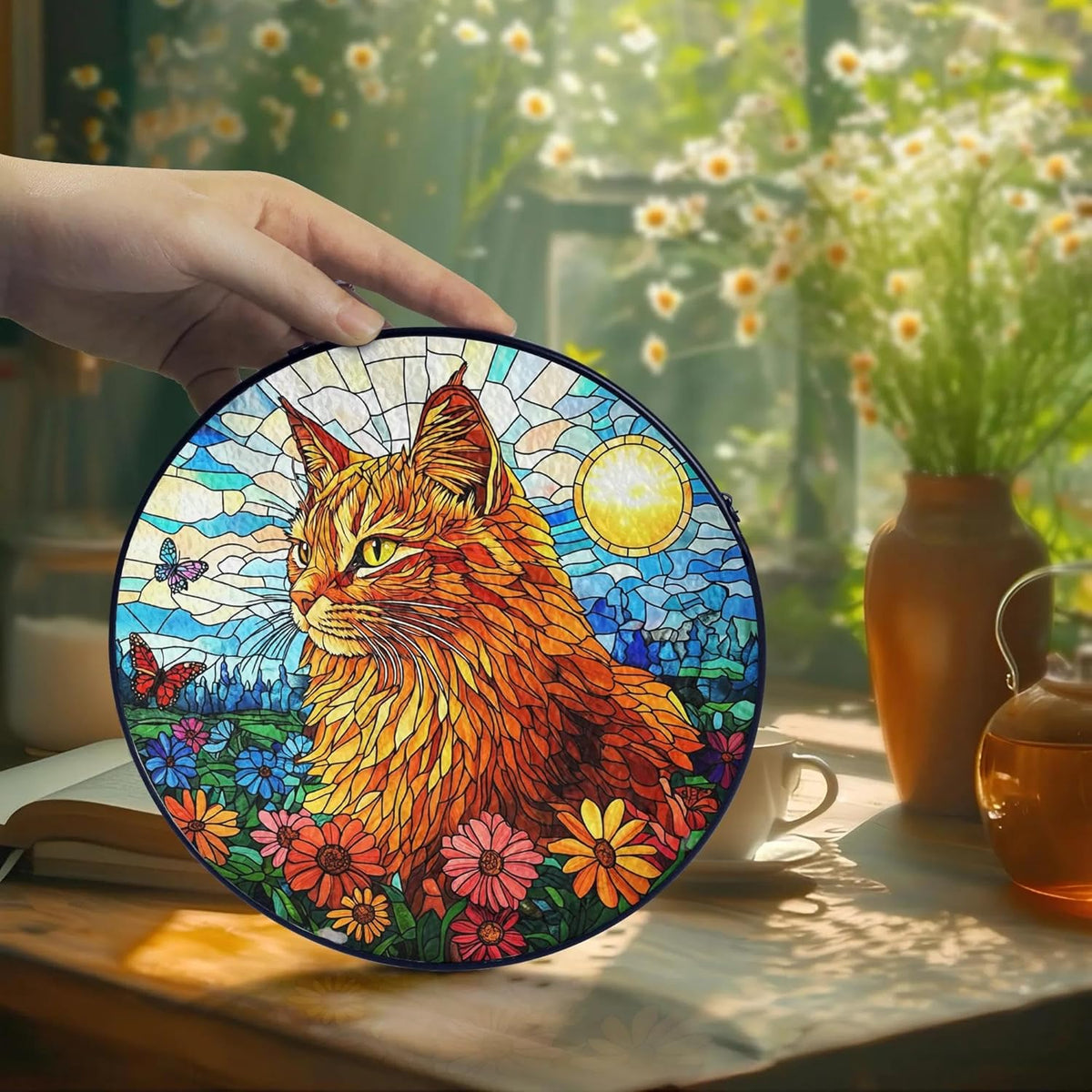 Orange Cat Stained Glass Suncatcher - Orange Cat Lovers Gifts Window Hanging Garden Decor, Memorial