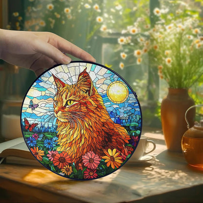 Orange Cat Stained Glass Suncatcher - Orange Cat Lovers Gifts Window Hanging Garden Decor, Memorial