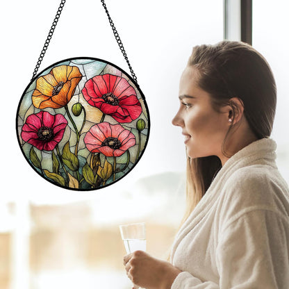 Stained Glass Suncatcher, Red Orange Poppy Flowers Sun Catcher Silver Background Wildflowers Window