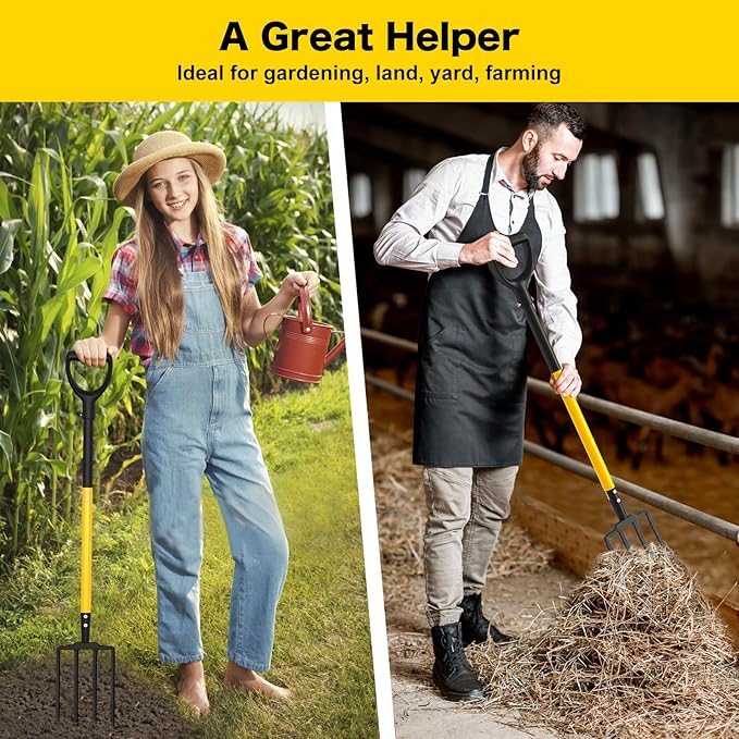 Pitch Fork, 4 Tine Heavy Duty Garden Fork with Ergonomic No-Slip D-Grip Handles, 45 Inches Long