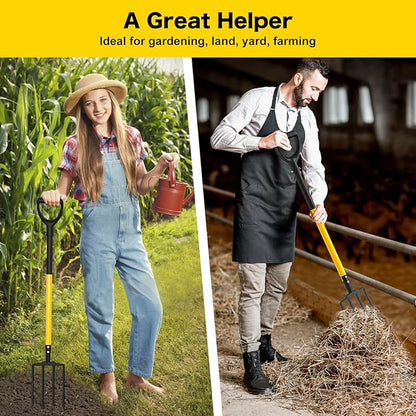 Pitch Fork, 4 Tine Heavy Duty Garden Fork with Ergonomic No-Slip D-Grip Handles, 45 Inches Long