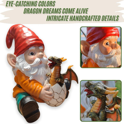 Fantasy Dragon Gnome Garden Statue - 6.8" Weatherproof Resin Garden Gnome with Baby Dragon, Unique