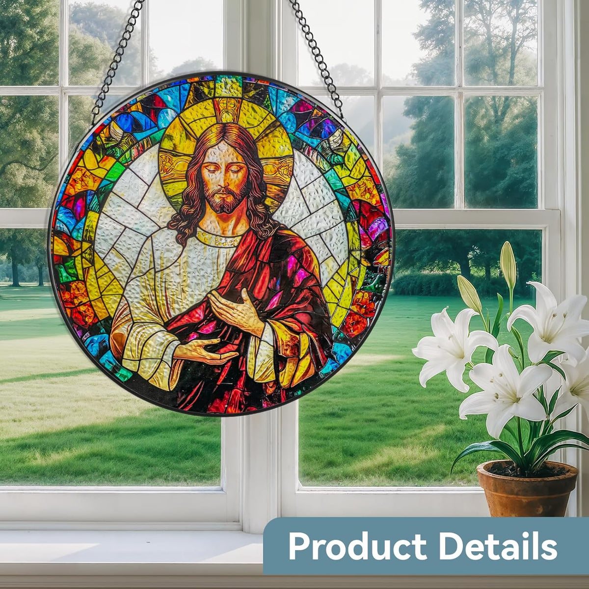 Suncatcher Stained Glass Window Hanging - Jesus Christ Glass Panel with Metal Chain and Hooks