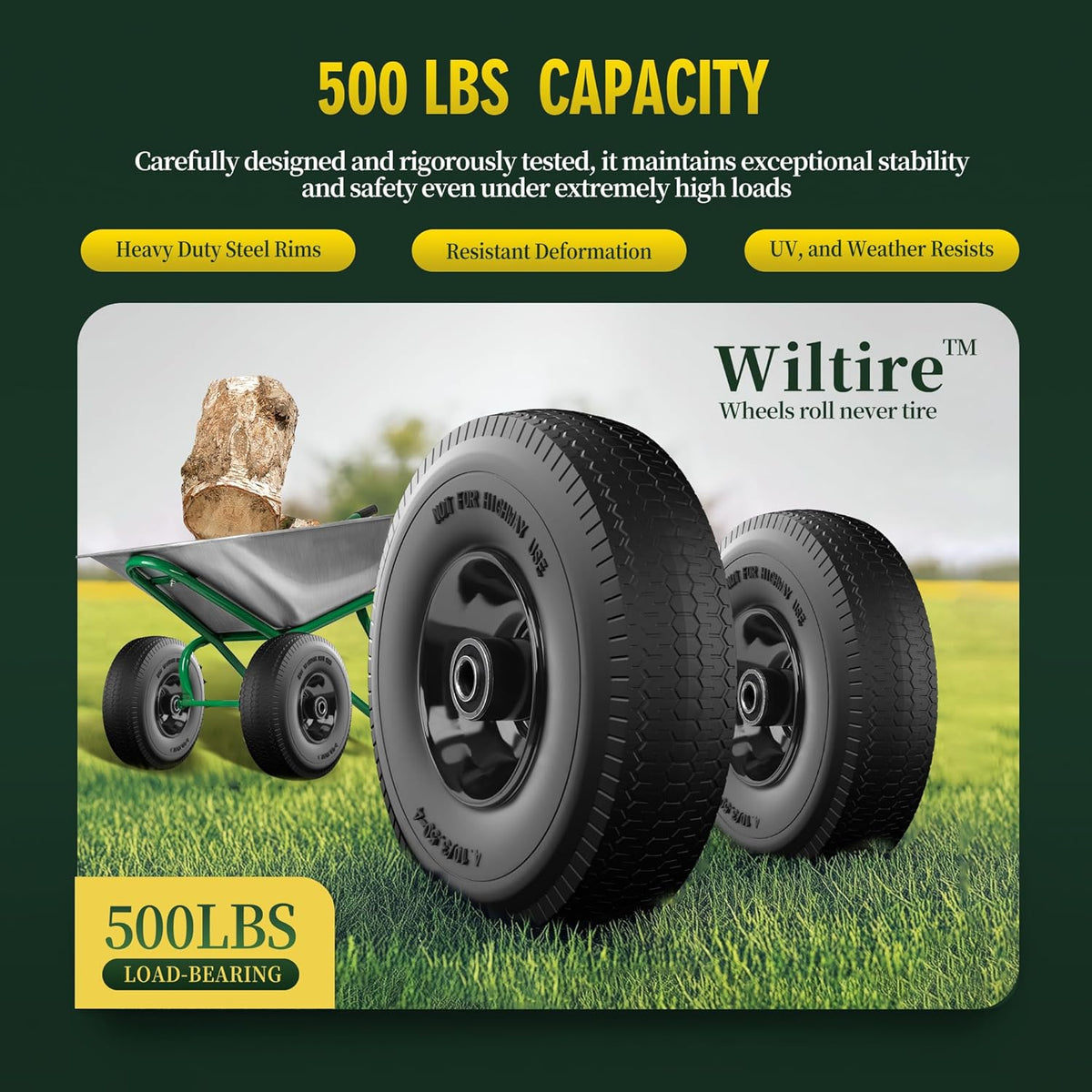 (2 Pack) 4.10/3.50-4 Flat Free Tire and Wheel 10-Inch Solid Wheel Replacement with 5/8 Extra 3/4