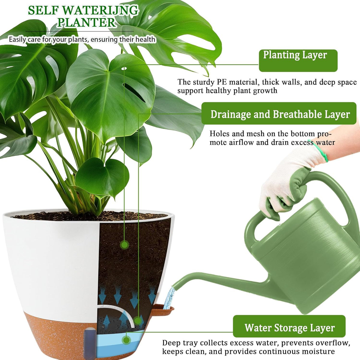 2 Pack 10 inch Plant Pots, Plastic Self Watering Planters with Drainage Holes, Deep Reservoir