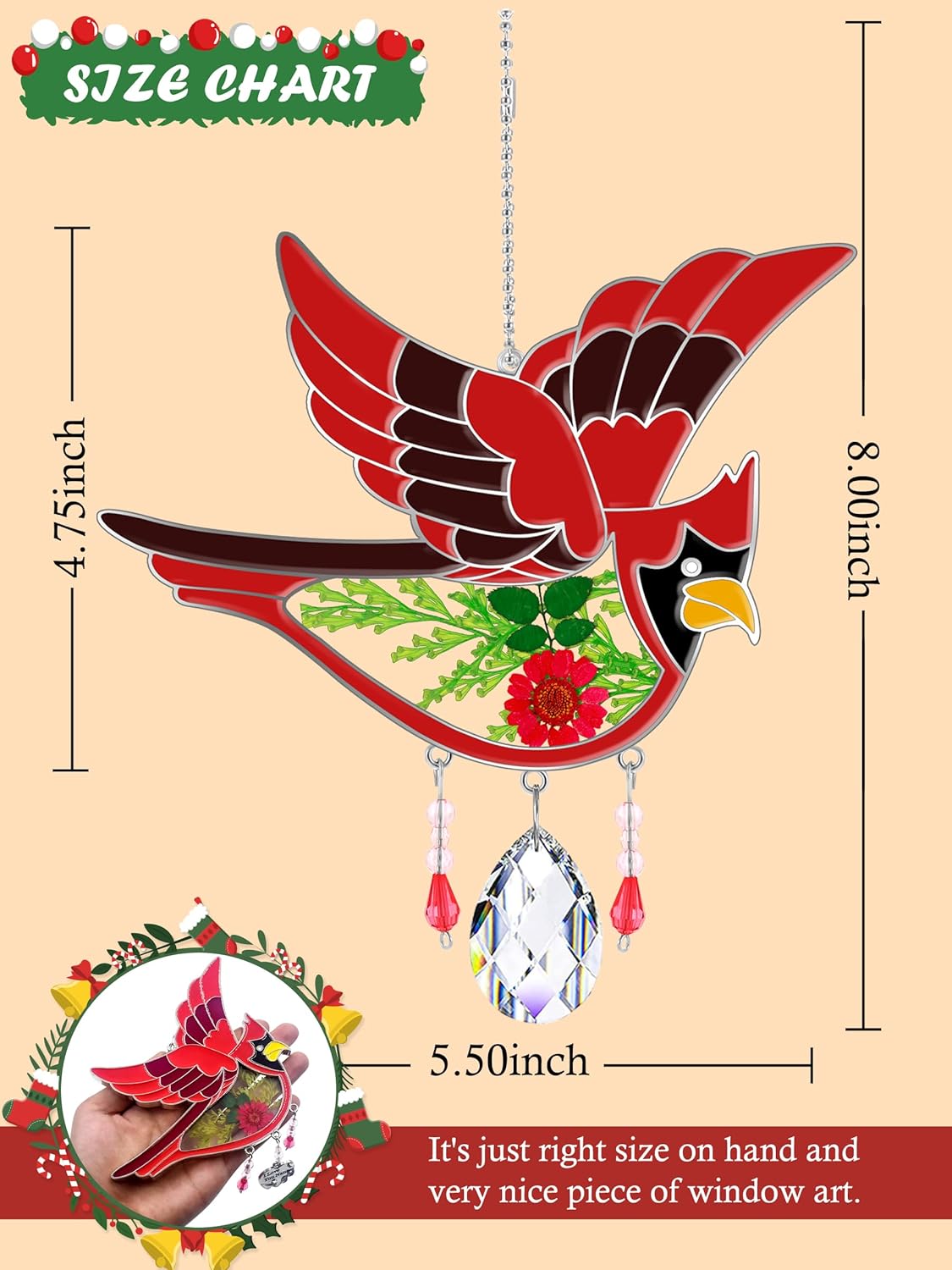 KY&BOSAM Cardinal Suncatcher Mom Gift Glass Had Painted Glass Suncatcher Windows Hanging Ornament