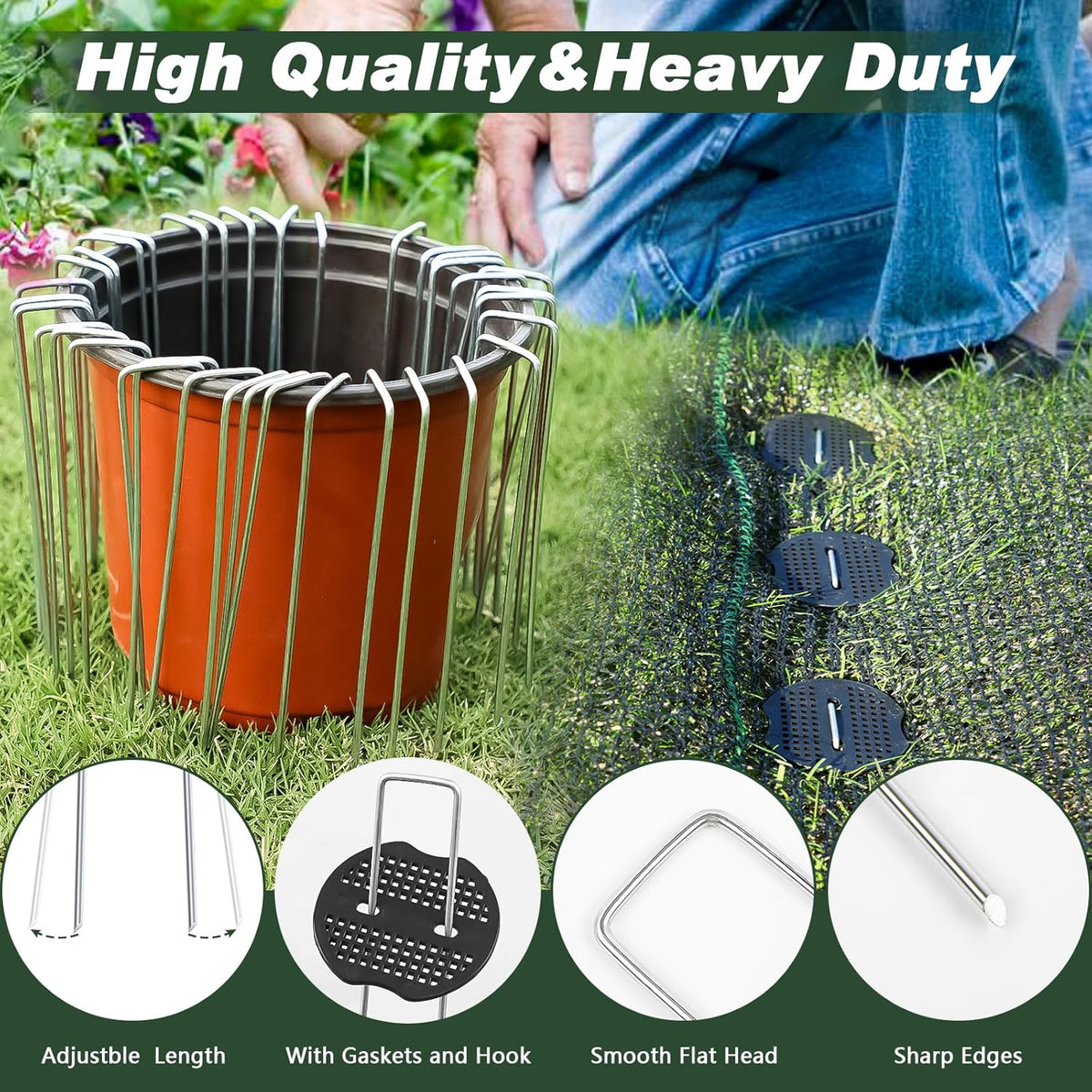 FEED GARDEN 6 Inch 200 Pcs Galvanized Landscape Staples 200 Pcs Gaskets Pick Hook Garden Stakes 11