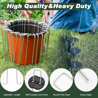 FEED GARDEN 6 Inch 200 Pcs Galvanized Landscape Staples 200 Pcs Gaskets Pick Hook Garden Stakes 11
