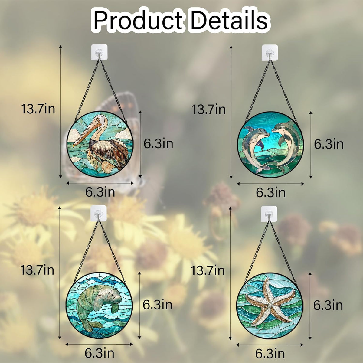 Stained Glass Window Hanging 4 Pcs Set Cyan Ocean Life Theme 6.3" - Sea Starfish Suncatcher Door