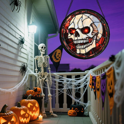 Stained Glass Window Hanging - Halloween Decorations White Skeleton Suncatcher for Doors Garden